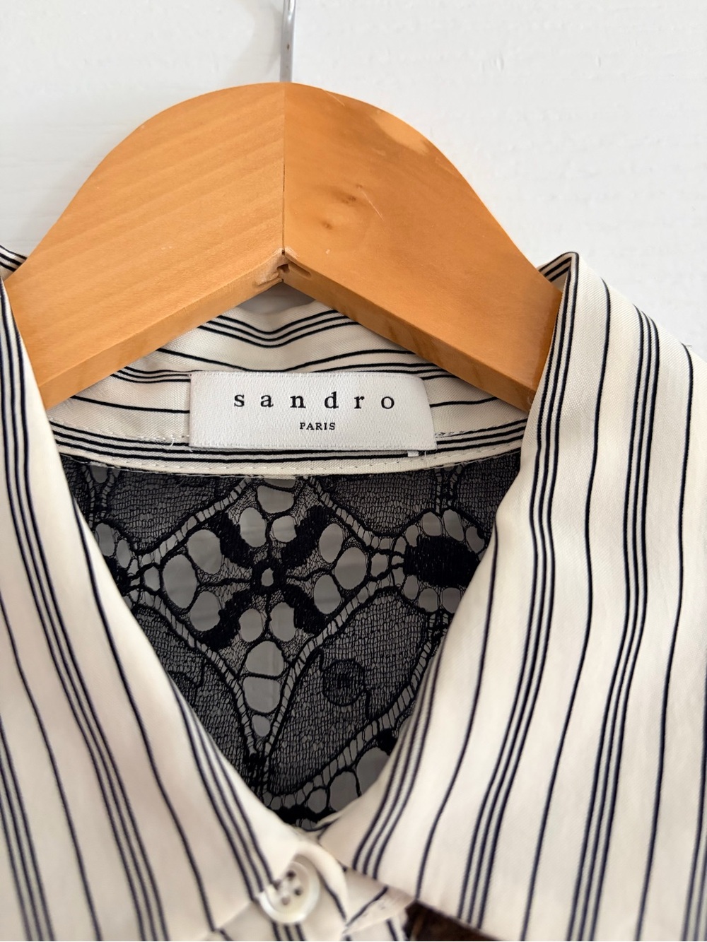 Sandro Cream and Black Striped Midi Dress with Lace Yoke - Picture 4 of 7